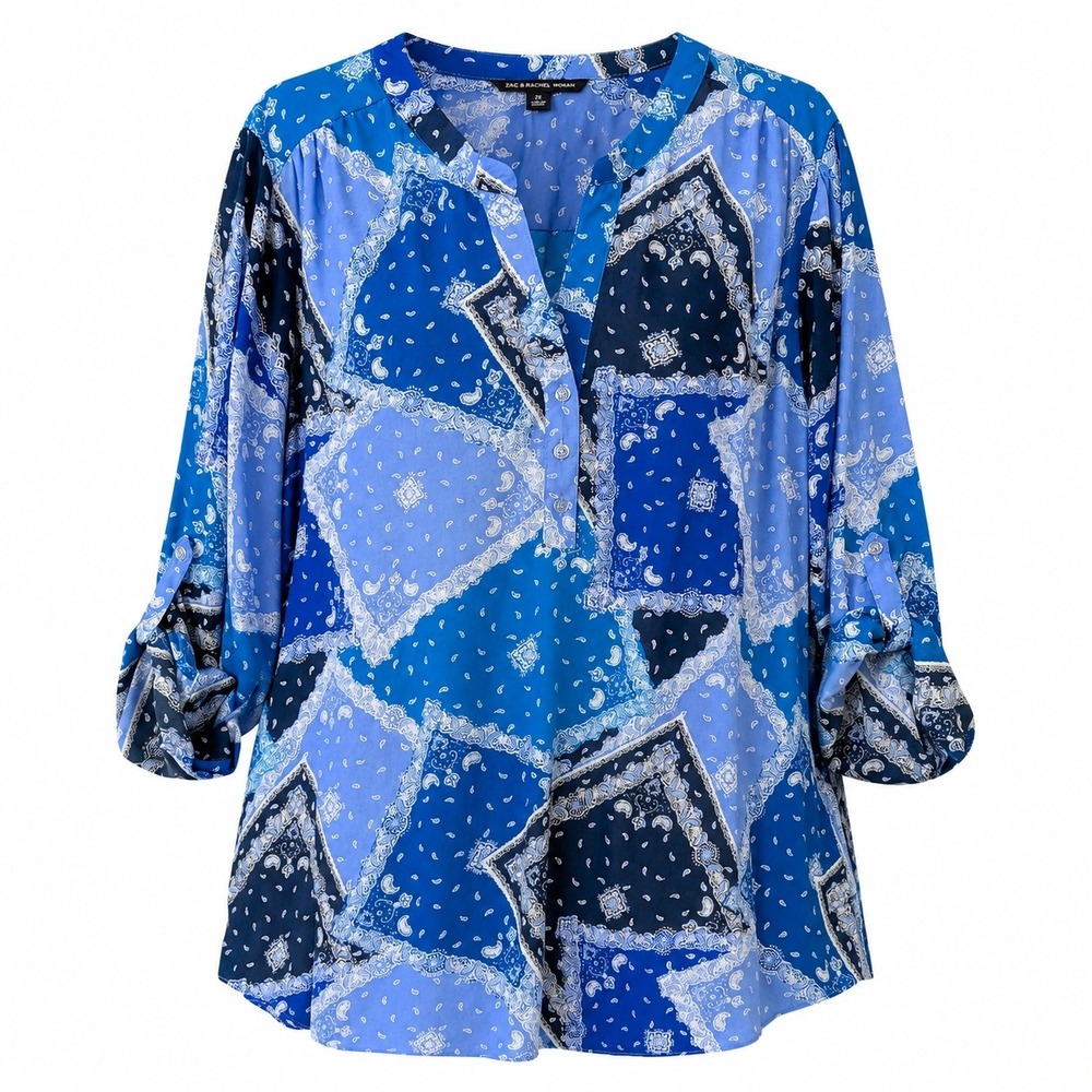Zac & Rachel Woman Blue Bandana Paisley Patchwork Roll Tab Blouse 2X‎ Split Neck